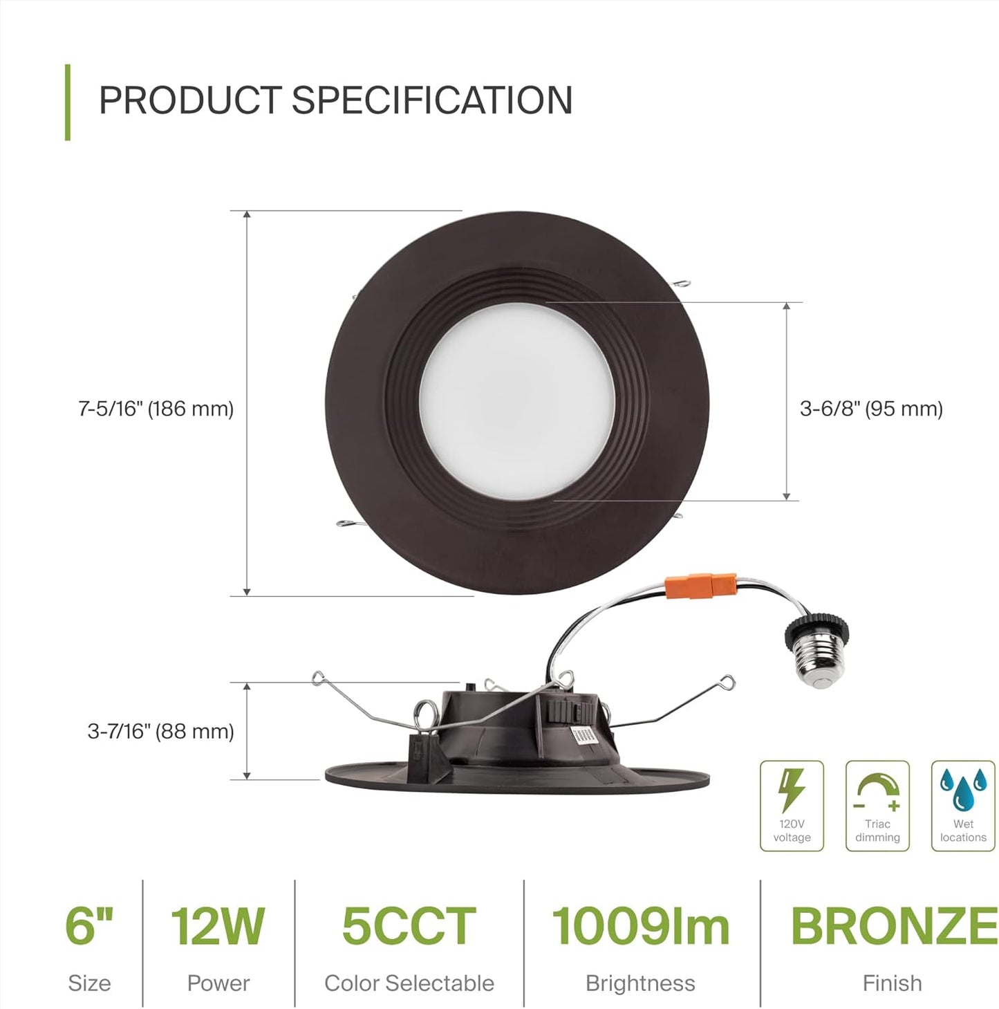 ASD Lighting LED Round Downlight Retrofit Kit 5'' and 6" 12W 120V CCT Selectable 2700/3000/3500/4000/5000K Dimmable PC, Baffle Trim, Oil Rubbed Bronze UL 6pack