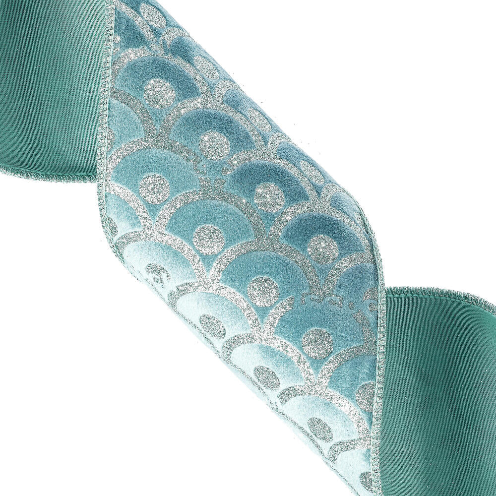 Vickerman 4" x 10 yd Gray/Blue Glitter Waves Wired Edge Christmas Ribbon.