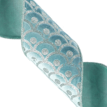 Vickerman 4" x 10 yd Gray/Blue Glitter Waves Wired Edge Christmas Ribbon.