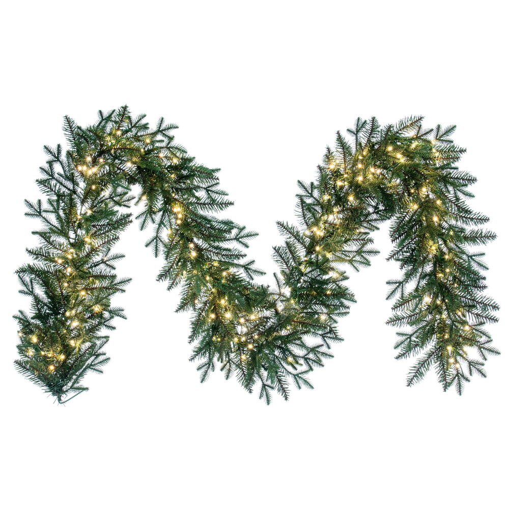 Vickerman 9' x 14" Kamas Fraser Fir Artificial Garland with 300 Warm White Low Voltage 3mm Spider LED Lights and 640 PE/PVC Tips.