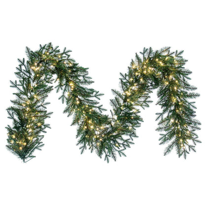 Vickerman 9' x 14" Kamas Fraser Fir Artificial Garland with 300 Warm White Low Voltage 3mm Spider LED Lights and 640 PE/PVC Tips.