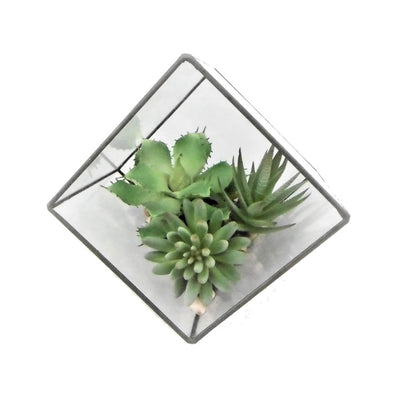 Vickerman 7.5" Artificial Green Succulents in Geometric Terrarium.