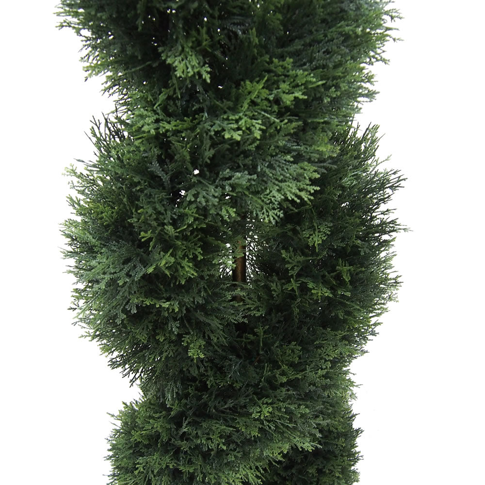 Vickerman 5' Artificial Green Cedar Double Spiral Topiary Black Plastic Pot.Widest part is 16"