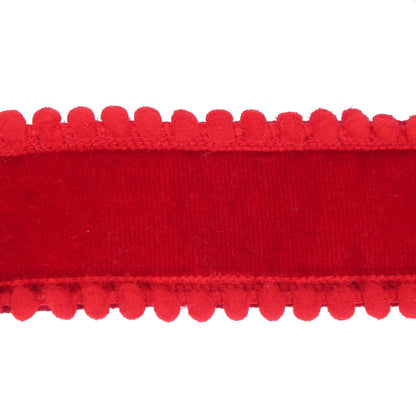 Vickerman 1.5" x 10yd Red Velvet Wired Ribbon with Red Pom Pom Trim. Red Dupion Backing
