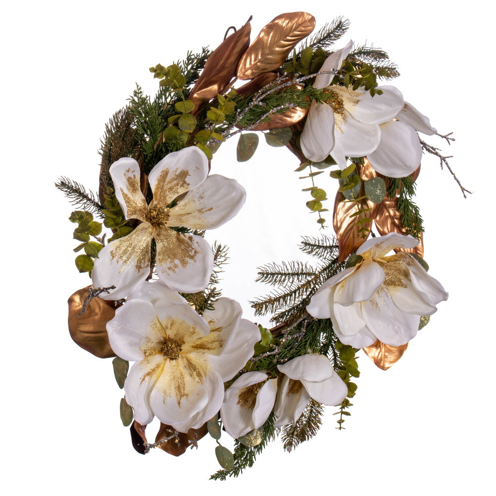 Vickerman 30" White Artificial Magnolia Wreath.