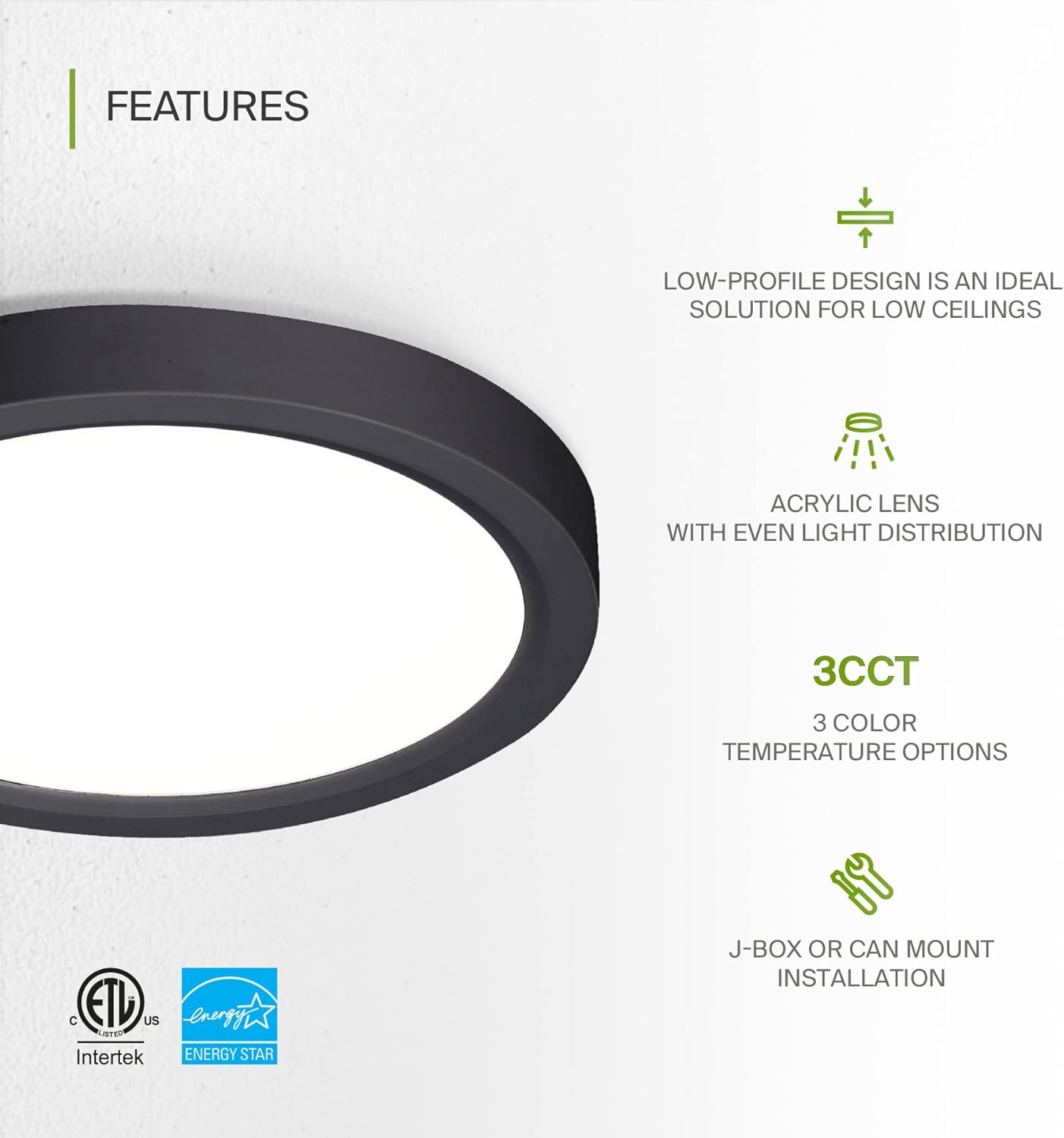 ASD Lighting LED Round Surface Mini Panel 7" 15W 120V CCT Selectable 3000/4000/5000K Dimmable Black ETL Energy Star 6pack