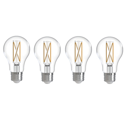 Bulbrite 776226 LED Filament Pack of 4, 7.6 Watt Dimmable A19 Light Bulb with Clear Finish and Medium Screw E26 Base - 2700K(Warm White Light), 800 lumens