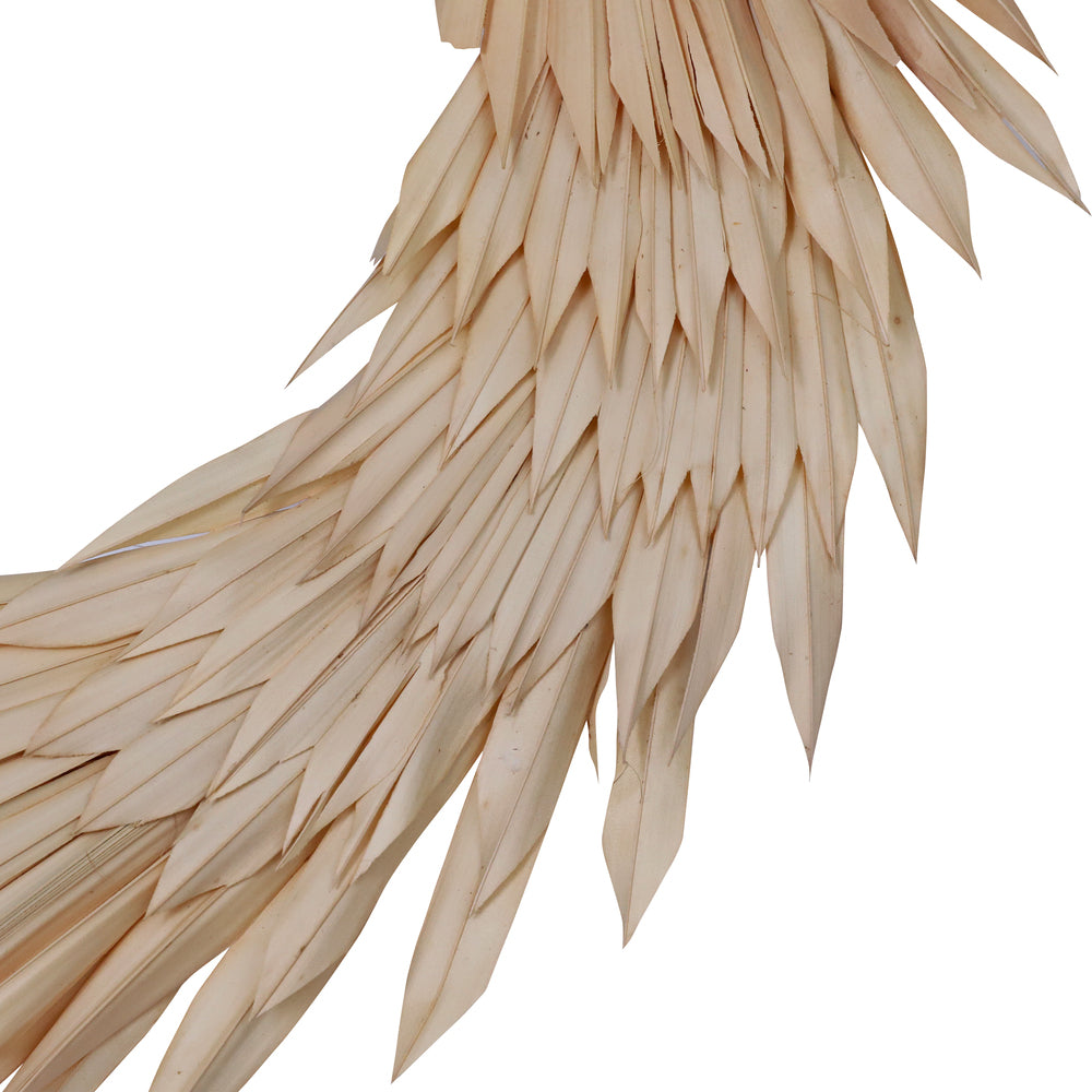 Vickerman Natural Botanicals 24" Bleached Palm Sun Wreath. This wreath measures 24 inches in diameter. It features bleached palm sun leaves on a coco fiber base. This is a dried and preserved natural product.