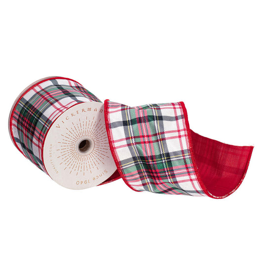 Vickerman 4" x 10 Yards White/Red/Green Plaid Wired Edge Christmas Ribbon.