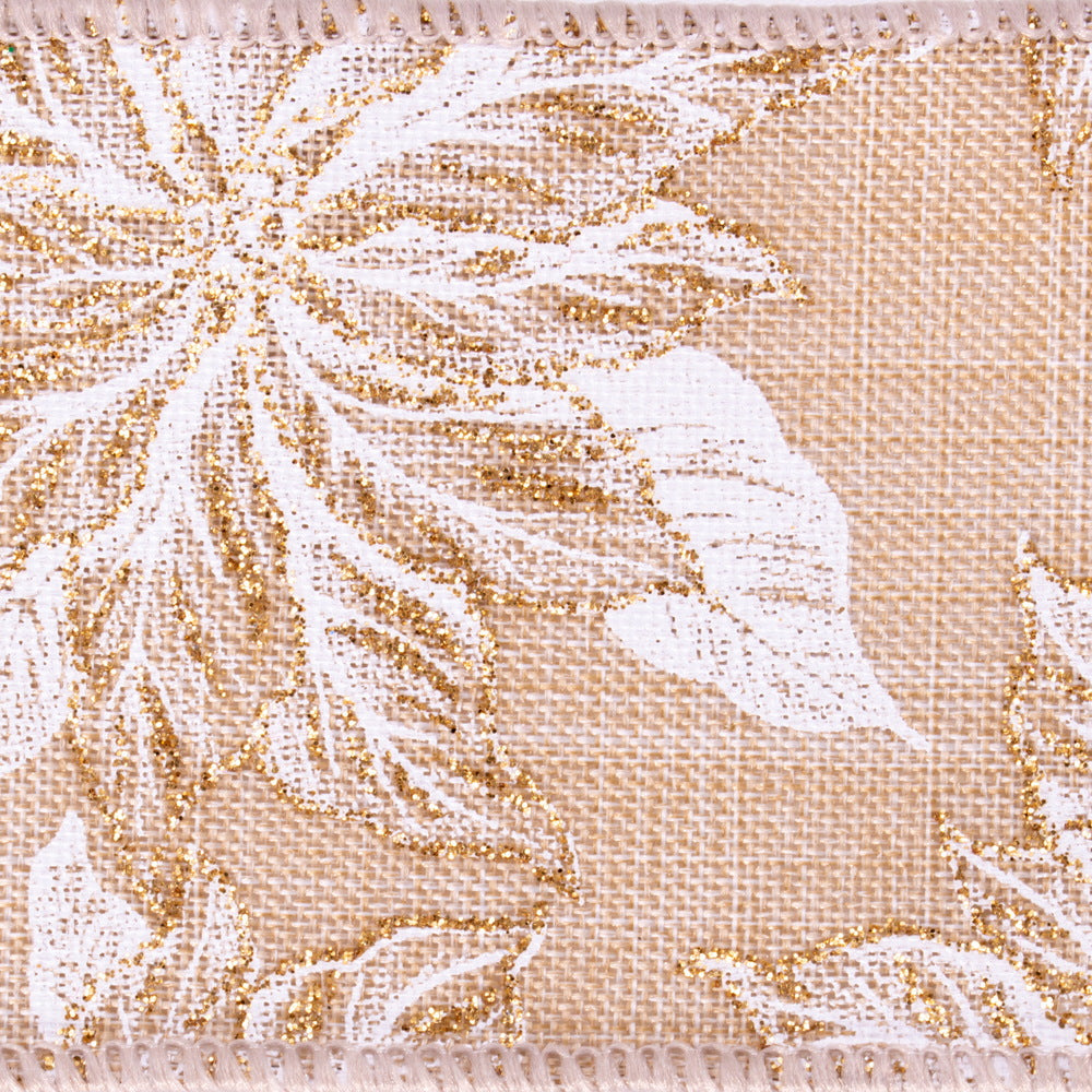 Vickerman 2.5" x 10 Yards Cream with White and Gold Poinsettias Ribbon