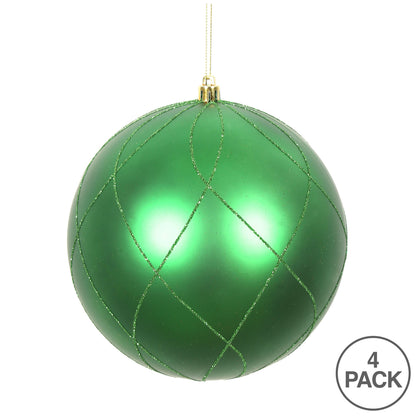 Vickerman 4" Green Matte and Glitter Swirl Ball Ornament 4 per Box