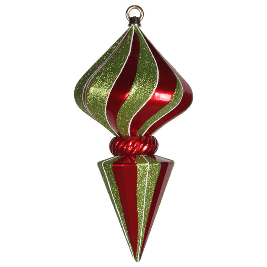 Vickerman 12" Red and Lime Striped Shiny Diamond Finial Ornament with Glitter Accents