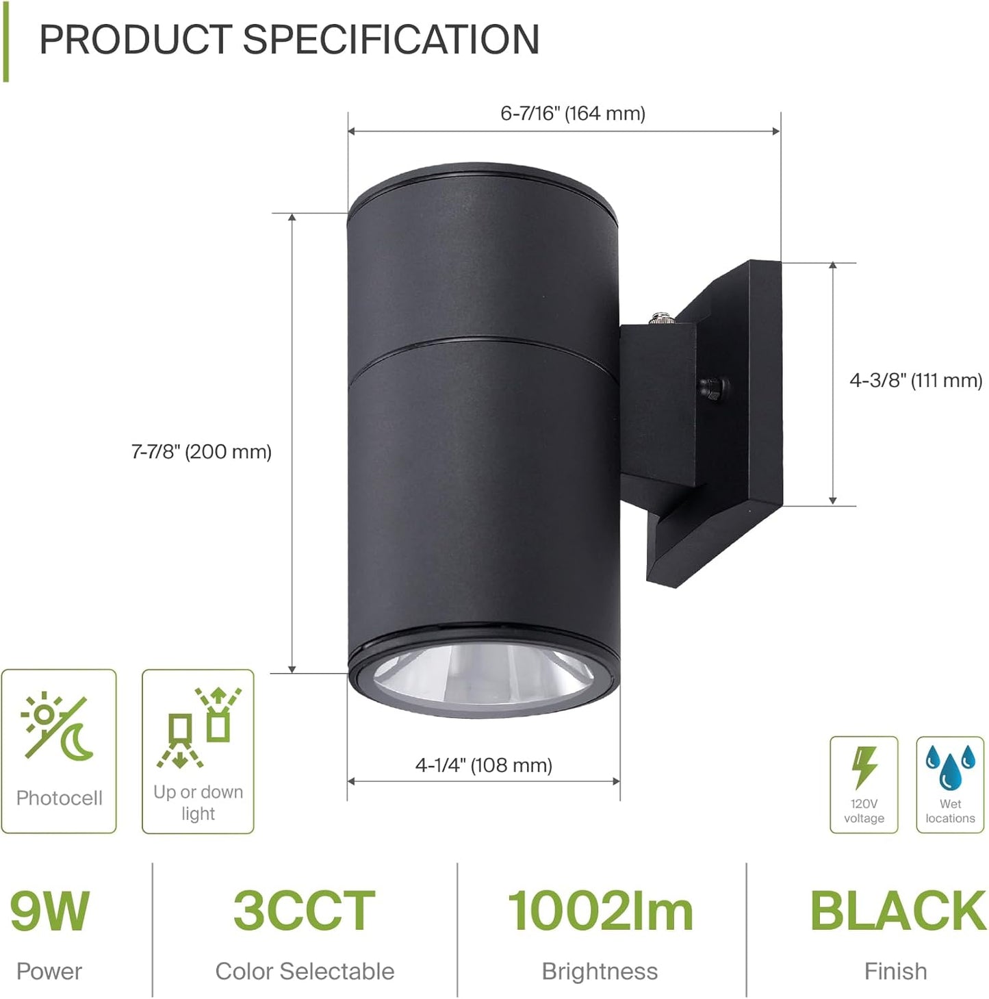 ASD Lighting LED Round Outdoor Wall Cylinder 9W 120V CCT Selectable 3000/4000/5000K with Photocell Black ETL 2pack