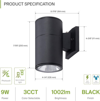 ASD Lighting LED Round Outdoor Wall Cylinder 9W 120V CCT Selectable 3000/4000/5000K with Photocell Black ETL 2pack