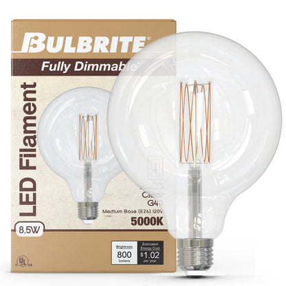 Bulbrite 862096 LED Filament Pack of (2) 8.5 Watt Dimmable G40 Light Bulb with Clear Glass Finish and Medium (E26) Base - 5000K (Soft Daylight Light), 800 Lumens