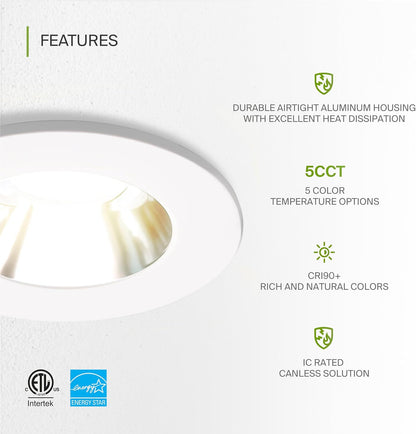 ASD Lighting LED Downlight 2INCH Changeable Round 15W CCT Selectable 2700/3000/3500/4000/5000K Dimmable, Chrome Smooth reflector, White trim, ETL Energy Star