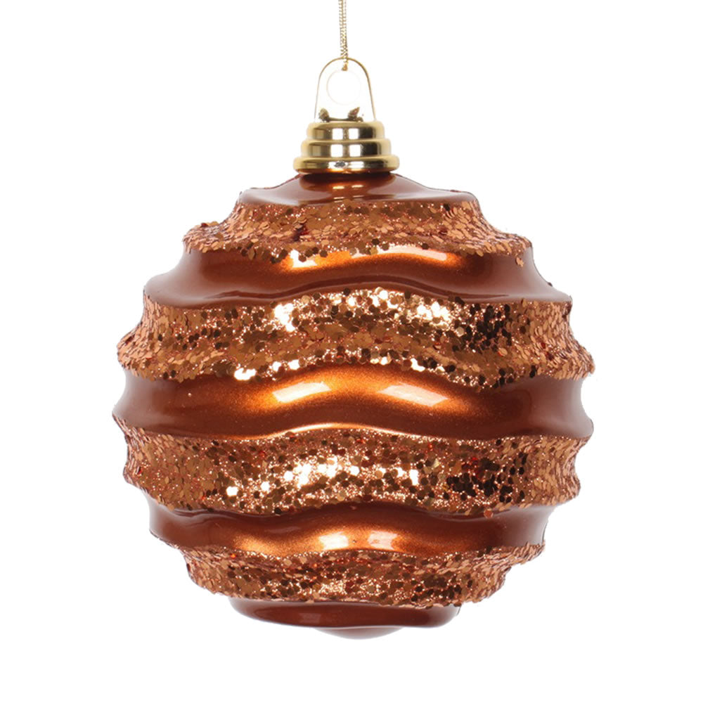 Vickerman 6" Copper Stripe Candy Finish Wave Ball Christmas Ornament with matching Glitter Accents