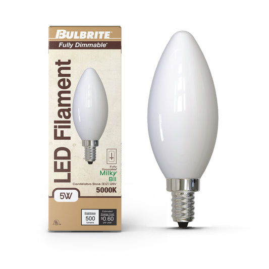 Bulbrite 862078 LED Filament Pack of (4) 5 Watt Dimmable B11 Light Bulb with Milky Glass Finish and Candelabra (E12) Base - 5000K (Soft Daylight Light), 500 Lumens