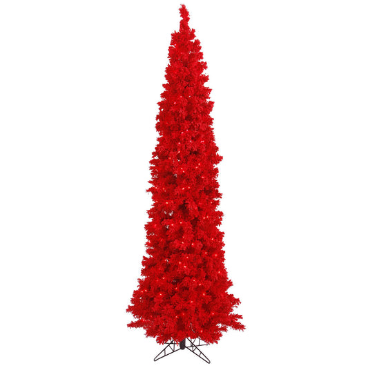 Vickerman 7.5' Flocked Red Pencil Fir Artificial Christmas Tree Red Dura-lit LED Lights