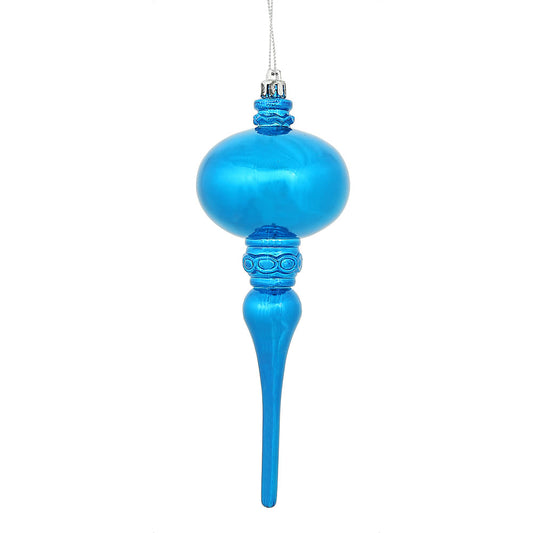 Vickerman 8" x 2.75" Blue Shiny Finial Ornament with drilled and wired caps. Comes 3 per Bag.