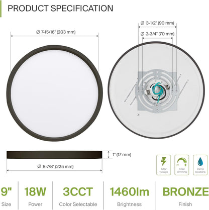 ASD Lighting LED Round Surface Mini Panel 9" 18W 120V CCT Selectable 3000/4000/5000K Dimmable Oil Rubbed Bronze ETL Energy Star 6pack