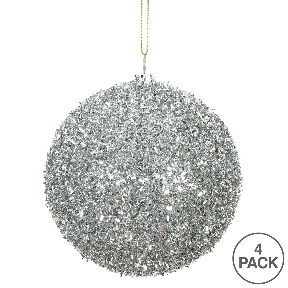 Vickerman 4" Silver Tinsel Ball Ornament 4 per Bag
