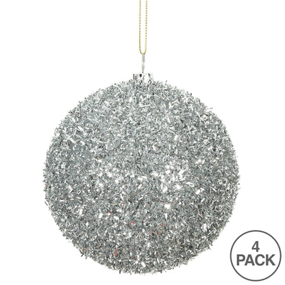 Vickerman 4" Silver Tinsel Ball Ornament 4 per Bag