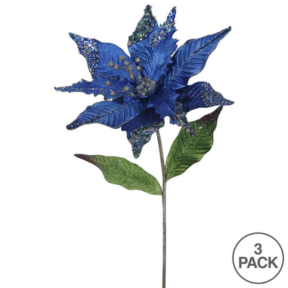 Vickerman 26" Blue Velvet Poinsettia Artificial Christmas Pick 3 per Bag