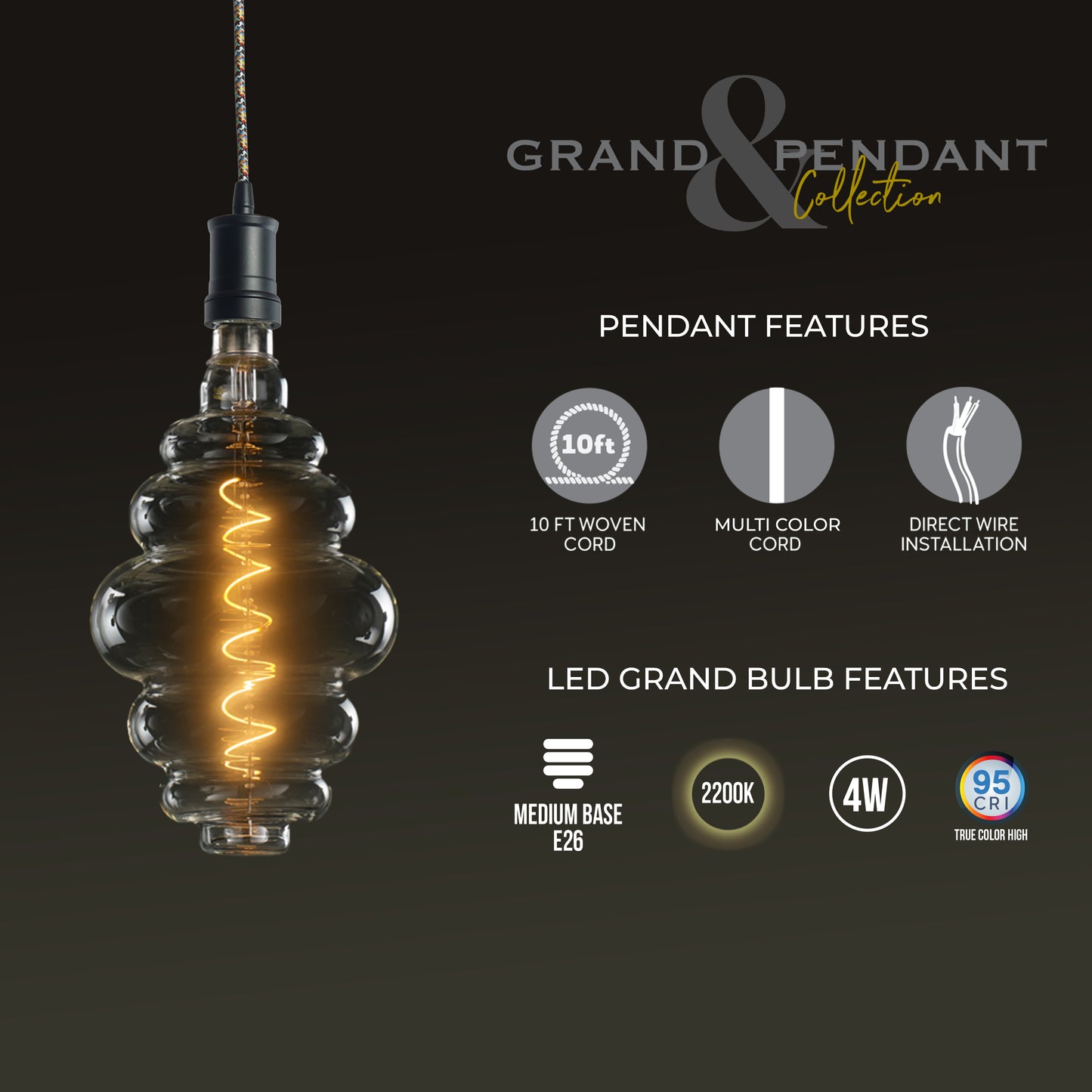 Bulbrite LED Grand Bulb and Pendant Kit of (1) 4 Watt Clear Glass 15" Beehive Shaped Bulb and (1) Black Open Socket Pendant on Multicolor Fabric Braided Cord - 2200K (Amber Light)