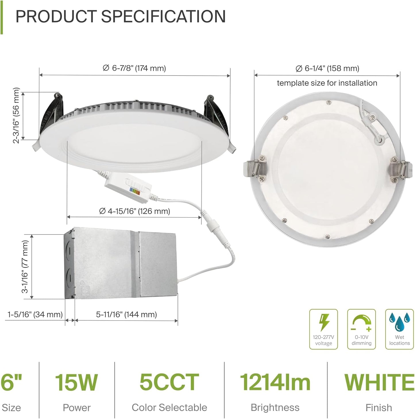 ASD Lighting LED Recessed Mini Panel Round 6inch 15W 120-277V 0-10V Dimmable 2700/3000/3500/4000/5000K with Baffle Trim White ETL Energy Star