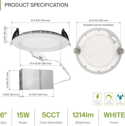 ASD Lighting LED Recessed Mini Panel Round 6inch 15W 120-277V 0-10V Dimmable 2700/3000/3500/4000/5000K with Baffle Trim White ETL Energy Star