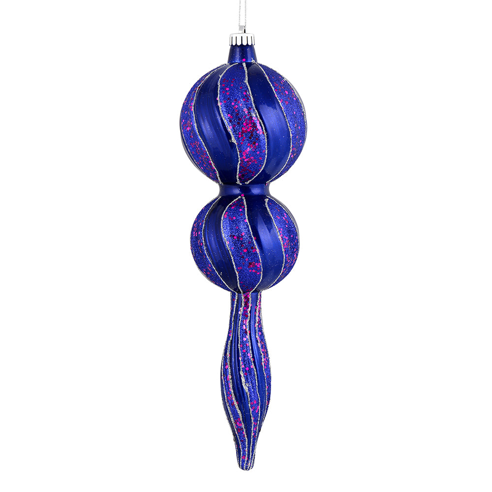 Vickerman 16.5" Cobalt Blue Candy Glitter Finial. Create a beautiful holiday arrangement with this large Candy finial that features glitter accents. Made with shatterproof plastic. Ornament has a drilled cap secured with green floral wire.