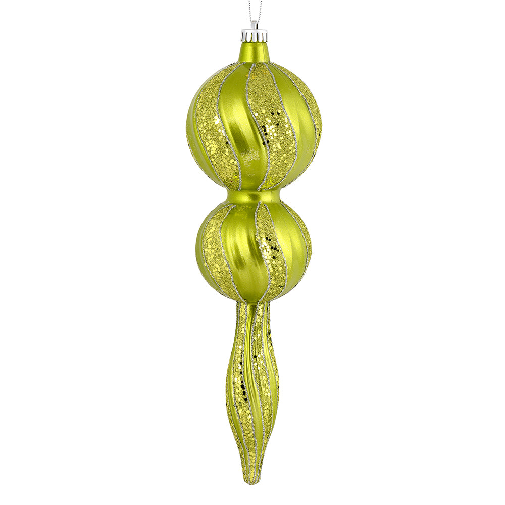 Vickerman 16.5" Lime Candy Glitter Finial. Create a beautiful holiday arrangement with this large Candy finial that features glitter accents. Made with shatterproof plastic. Ornament has a drilled cap secured with green floral wire.