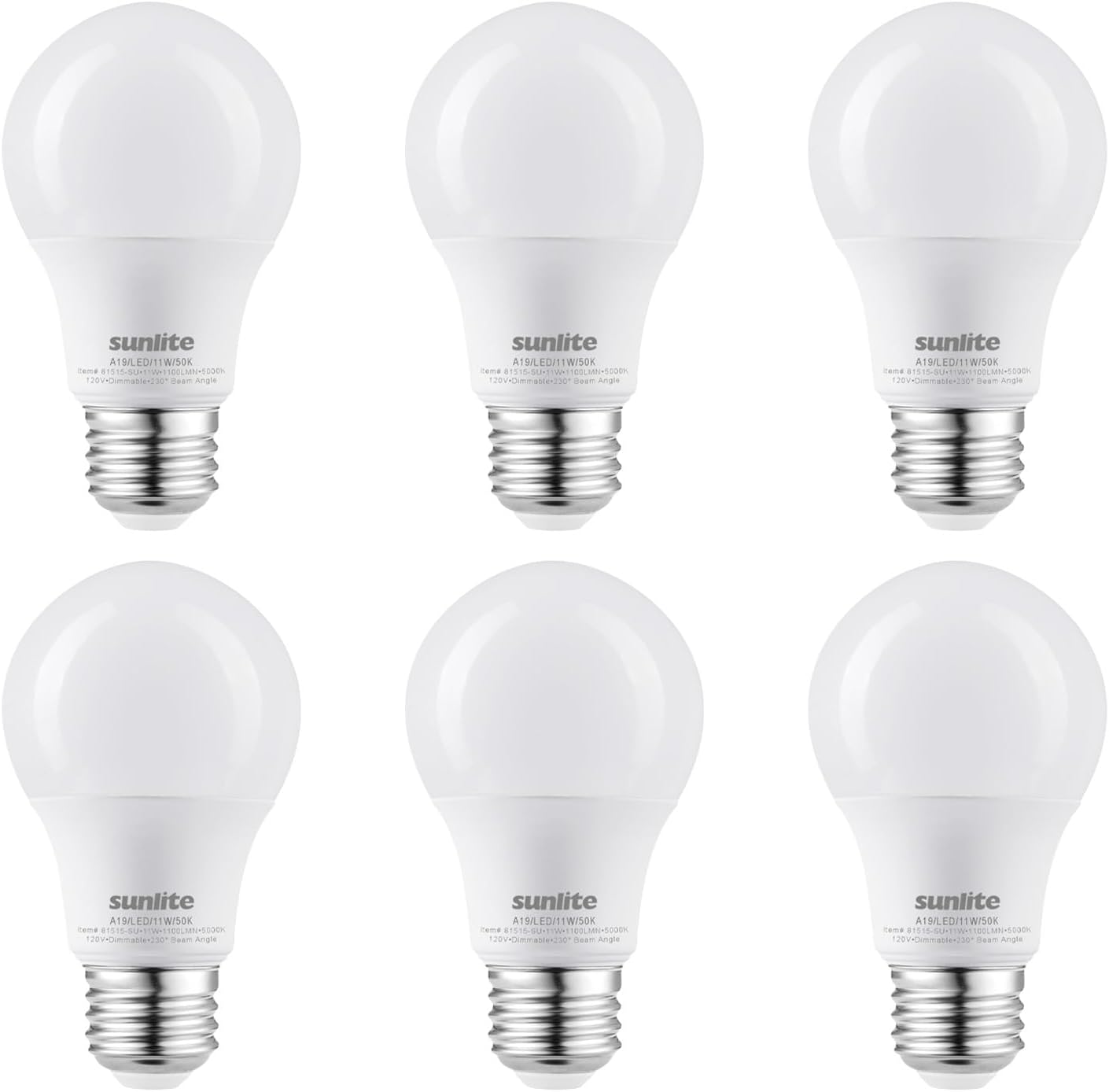 Sunlite LED A19 Light Bulb, 11 Watts (75W Equivalent), 1100 Lmns, 120V, Dimmable, Medium E26 Base, Energy Star, 90 CRI, 230 Degree Beam Angle, UL Listed, Title-20 Compliant, 5000K Daylight, 6 Pack