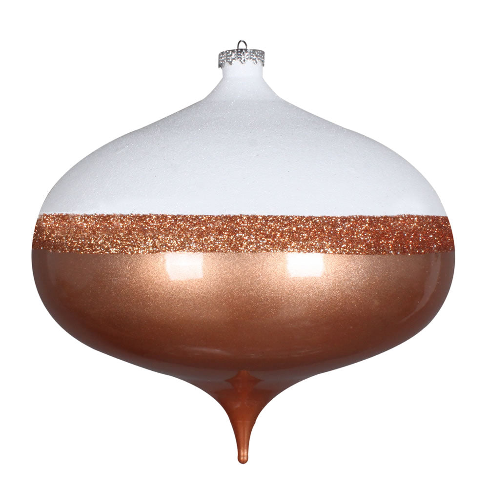 Vickerman 8" Rose Gold Candy/White Glitter Onion Ornament. This ornament features a white glitter top a stripe of rose gold glitter and a candy finish bottom. Made of shatterproof plastic.