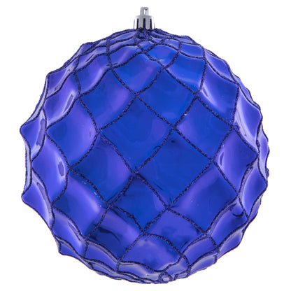 Vickerman 6" Cobalt Blue Shiny Form Ball Drilled Wired 4/Bag. Add texture and shimmer to your holiday decorating projects with this geometric shaped ball. It features glitter accents along the edges of the geometric pattern. This ornament contains a drill