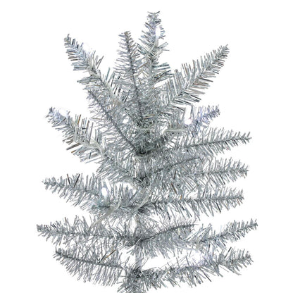 Vickerman 7.5' x 41" Silver Slim Artificial Pre-Lit Christmas Tree with 504 Wide Angle 5mm 32 Function Remote Controlled RGB LED Mini Lights. It measures 90 inches tall, and 41 inches wide, which is considered a Slim profile. This tree boasts 1238 tips fo