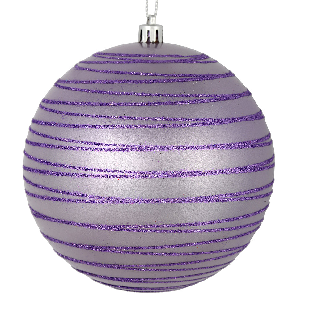 Vickerman 4" Lavender Candy Finish Ball Ornament with Glitter Lines 4 per Bag