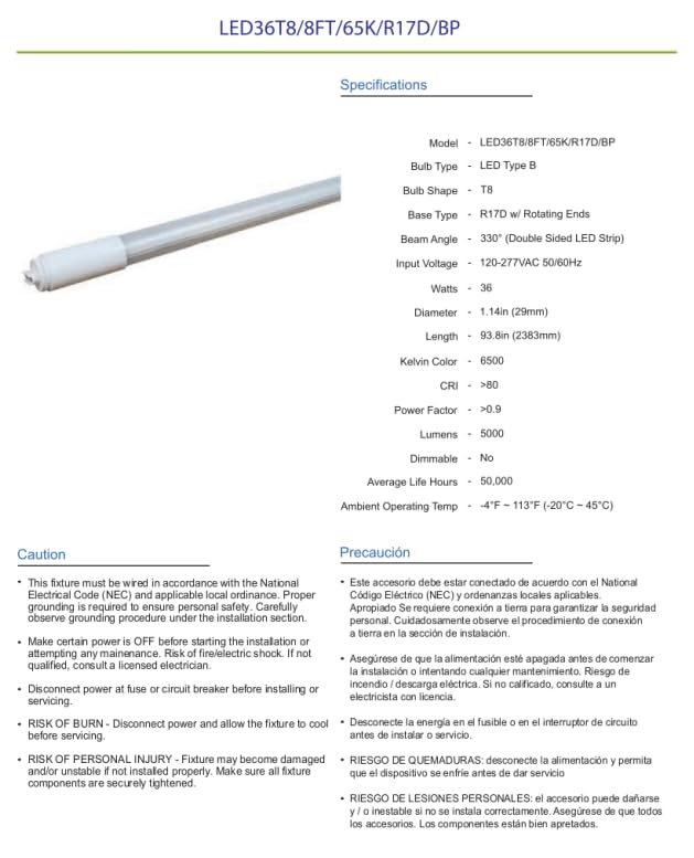 Damar- 8Ft T8 LED Tube Light Bulb Type B Ballast Bypass Single End 36W 5000 Lumens 6500K Daylight R17D Base with Rotating Ends 120-277VAC Pack of 10- Fluorescent Replacement for Garage Workshop
