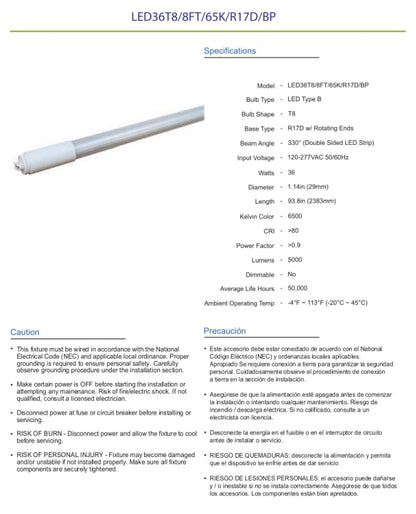 Damar- 8Ft T8 LED Tube Light Bulb Type B Ballast Bypass Single End 36W 5000 Lumens 6500K Daylight R17D Base with Rotating Ends 120-277VAC Pack of 10- Fluorescent Replacement for Garage Workshop