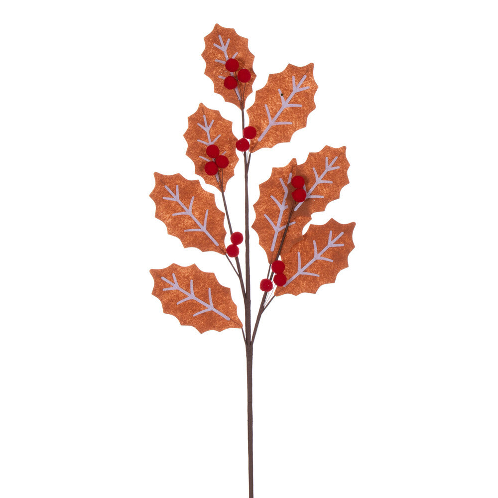 Vickerman 27.5" Brown and White Felt Holly and Red Berry Spray 4 per bag.