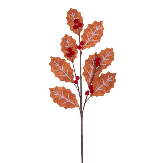 Vickerman 27.5" Brown and White Felt Holly and Red Berry Spray 4 per bag.