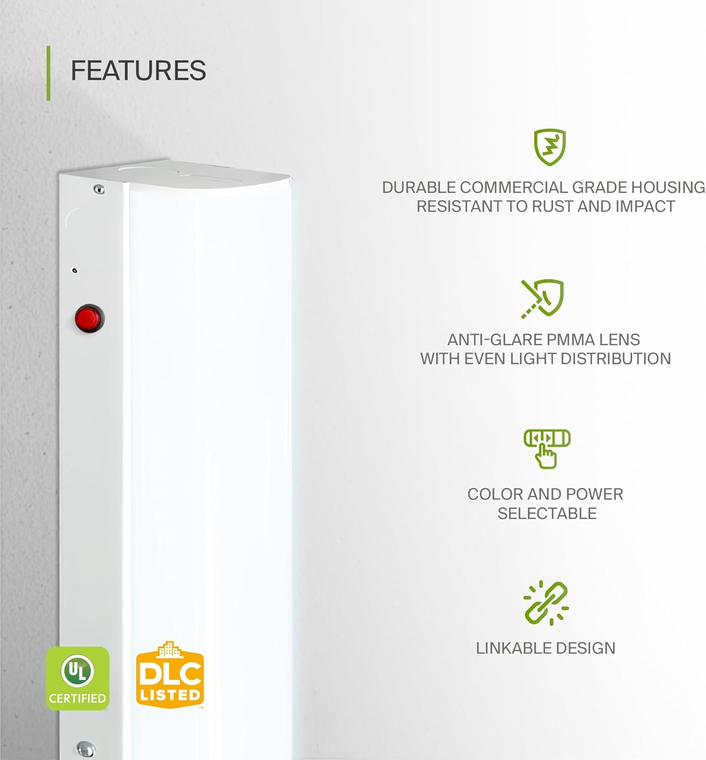 ASD Lighting LED Stairwell Fixture 4ft 22/28/36/44W 120-277V 0-10V Dimmable 140Lm/W 3500/4000/5000K with Battery Back-up 12W with Motion Sensor White UL DLC Standard