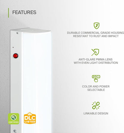 ASD Lighting LED Stairwell Fixture 4ft 22/28/36/44W 120-277V 0-10V Dimmable 140Lm/W 3500/4000/5000K with Battery Back-up 12W with Motion Sensor White UL DLC Standard
