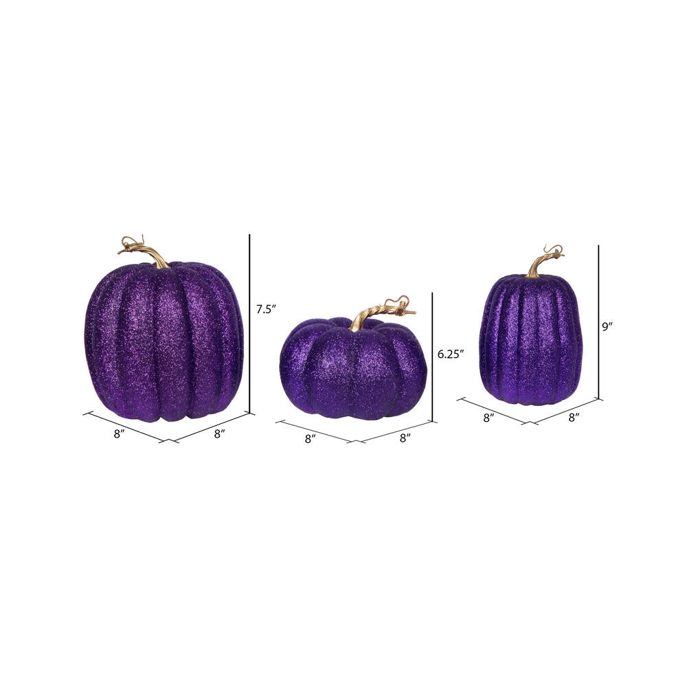 Vickerman 8" Purple Pumpkins Set of 3. Three pieces assorted Fabric pumpkin with polystyrene inner.