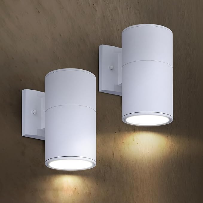 ASD Lighting BULB Round Outdoor Wall Cylinder, Up Or Downlight Fixture, 120V, 6.44Wide, 50°, 60W Max, White Finish, 2 Pack