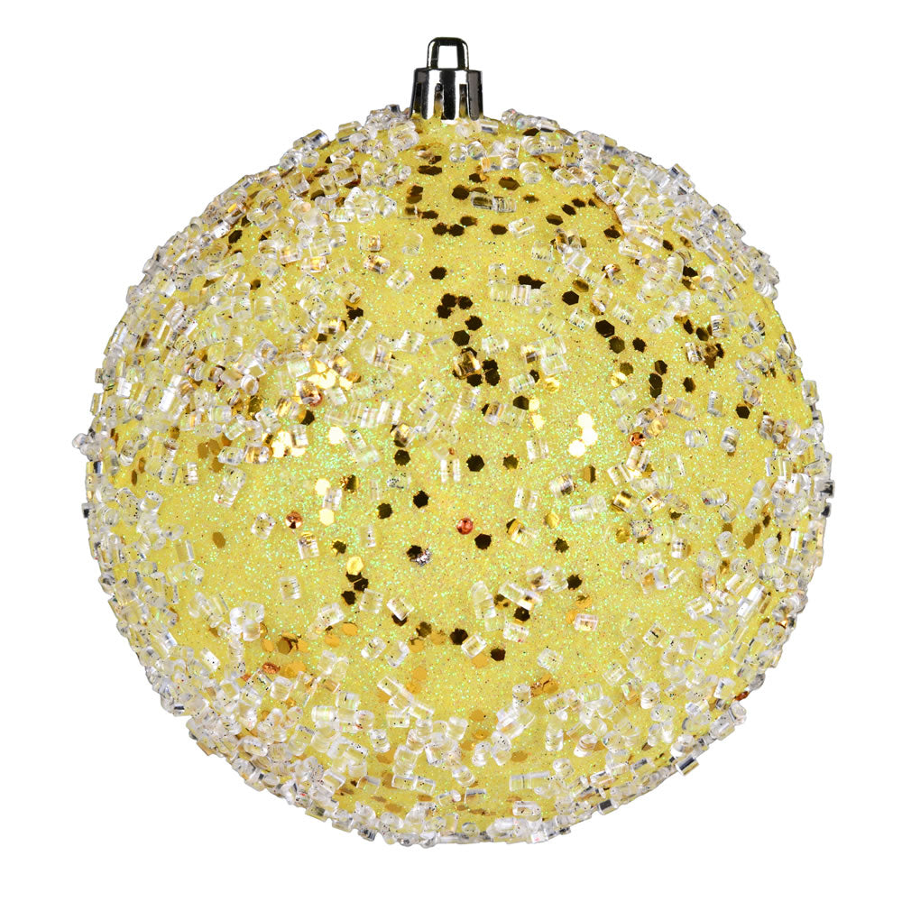 Vickerman 4.75" Yellow Glitter Hail Ball Drilled Wired 4/Bag. These ornaments feature a drilled cap with looped wire to ensure that decorating is a breeze. They are made with plastic to reduce the likelihood of breaking when dropped. Includes 4 pieces per