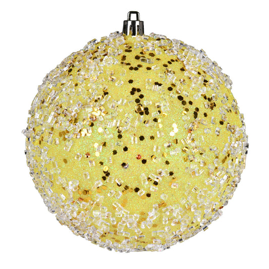 Vickerman 4.75" Yellow Glitter Hail Ball Drilled Wired 4/Bag. These ornaments feature a drilled cap with looped wire to ensure that decorating is a breeze. They are made with plastic to reduce the likelihood of breaking when dropped. Includes 4 pieces per
