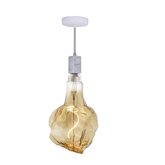 Bulbrite LED Grand Bulb and Pendant Kit of (1) 4 Watt Antique Glass 13" Glacier Shaped Bulb and (1) White Marble Open Socket Pendant on White Fabric Braided Cord - 2000K (Amber Light)