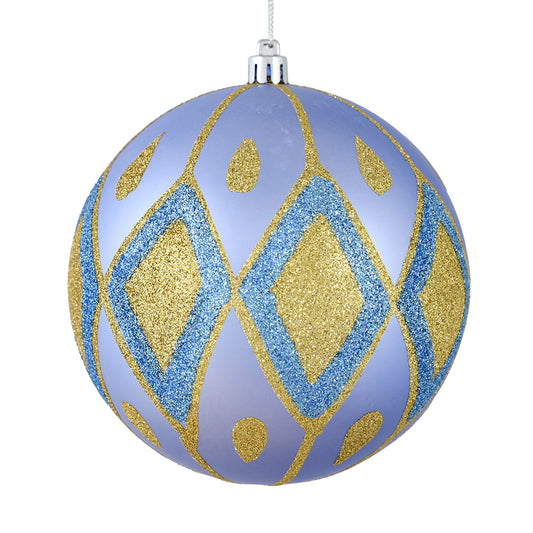 Vickerman 6" Lilac Matte Ball with Glitter Diamond Pattern. Add variety and sparkle to your holiday arrangement with this matte ornament that features a glitter pattern. Includes 3 pieces per bag. Made with shatterproof plastic. Ornament has a dril